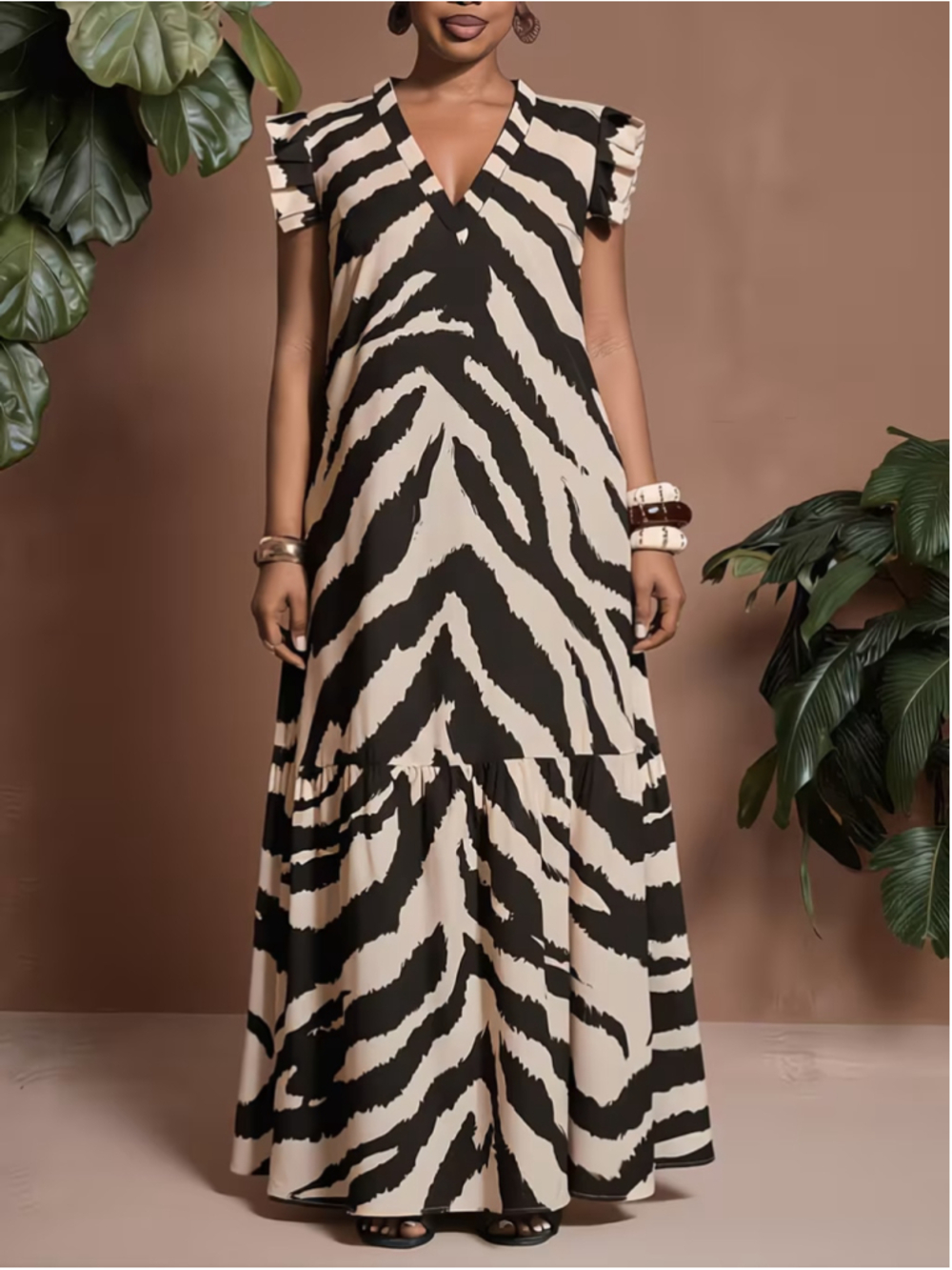Osadia Plus Size 3X Zebra Print Maxi Dress Ruffle Sleeve V Neck Polyester Boho